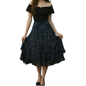 Coldwater Creek Blue Bandana Floral Whimsigoth Fairy Ruffle Midi Skirt Size PM